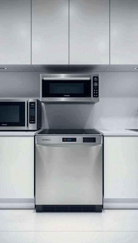 Award-winning space-saving appliances lineup in a modern, minimalist kitchen. Sleek, stainless steel countertop appliances arranged in an artful, symmetrical display - a high-powered, compact convection oven, an energy-efficient induction cooktop, and a state-of-the-art dishwasher with a streamlined silhouette. Soft, even lighting highlights the clean lines and premium finishes, creating a sense of sophistication and efficiency. The arrangement conveys the perfect blend of form and function, showcasing the latest innovations in compact, high-performance kitchen appliances.