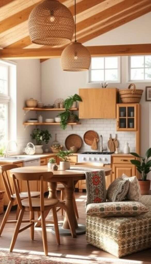 Bright and airy boho-inspired kitchen with vintage-style cabinets in warm, earthy tones. Natural wood countertops and backsplash of white subway tiles. Potted plants, woven baskets, and rattan light fixtures add organic touches. Soft, diffused lighting from large windows creates a cozy, inviting atmosphere. Mid-century modern dining set with wooden chairs and a round table in the center. Patterned textiles like a colorful runner and throw pillows on a bench add pops of color. The overall vibe is budget-friendly yet stylishly put together.