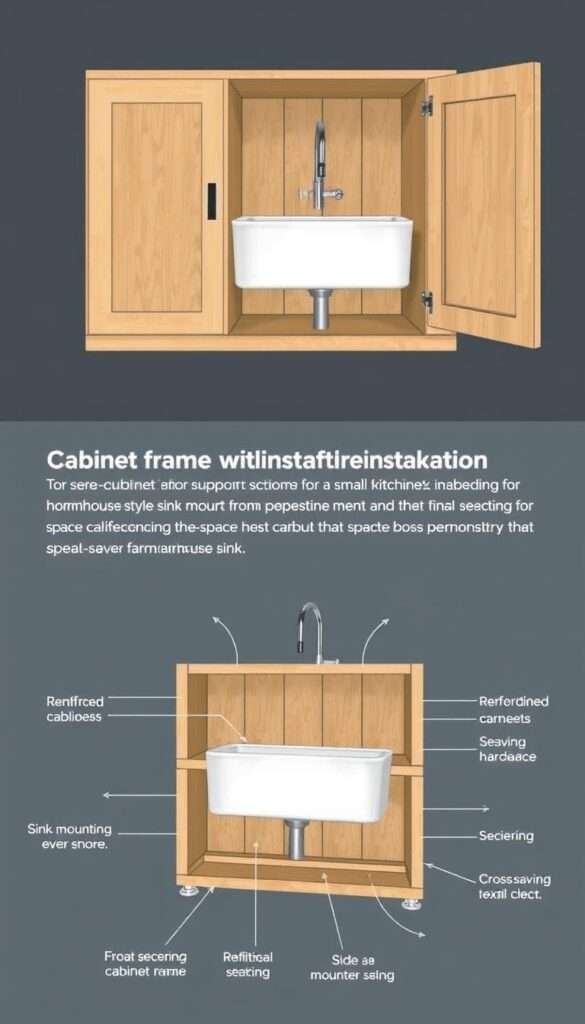 Cabinet reinforcement diagram for a small kitchen farmhouse sink installation. A detailed technical illustration showing the cabinet structure, supports, and hardware required to securely mount a heavy farmhouse-style sink. The diagram depicts the front, side, and cross-section views, highlighting the reinforced cabinet frame, additional bracing, and sink-mounting hardware. Rendered in a clean, technical style with muted tones to blend with the article's design. Lighting is soft and directional, emphasizing the structural elements. The overall mood is practical and informative, conveying the essential installation tips for a space-saving farmhouse sink setup.