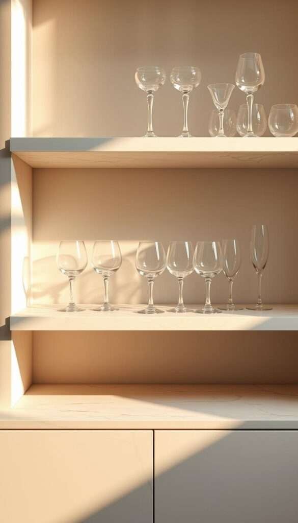 Carrara marble shelf with perfectly aligned drinkware, bathed in warm, diffused lighting. The shelf's sleek, minimalist design is the focal point, showcasing a carefully curated collection of elegant glassware. Shadows cast gentle, cinematic highlights, creating a sense of depth and dimension. The overall atmosphere is one of serene, understated sophistication, reflecting the simplicity and functionality of the open shelving concept. A high-resolution, photorealistic image captured from a slightly elevated angle, emphasizing the clean lines and balanced composition of the scene.