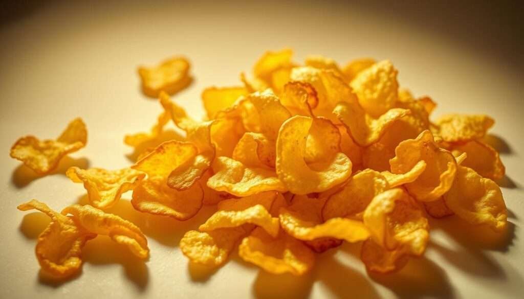 Close-up shot of a handful of crispy golden potato chips, freshly fried and glistening with oil, scattered atop a smooth, creamy white surface. The chips are artfully arranged, some standing upright, others at playful angles, creating a textured, visually appealing topping. Warm lighting from above casts subtle shadows, highlighting the intricate shapes and delicate edges of the chips. The overall mood is one of indulgence, comfort, and the satisfying crunch of the ultimate snack food.