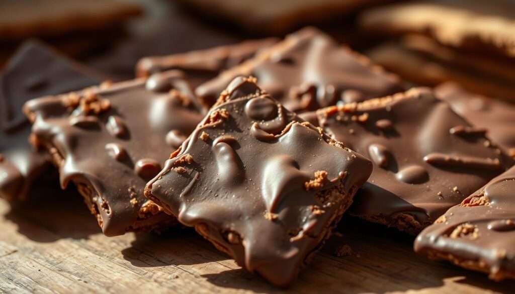 Close-up view of gourmet chocolate graham crackers, arranged in a pleasing, rustic composition on a wooden surface. The crackers have a rich, dark chocolate coating, with visible crunchy texture and faint melting edges. Soft, natural lighting from the side creates warm highlights and shadows, emphasizing the crackers' inviting tactile quality. The background is slightly blurred, drawing the viewer's focus to the delectable, artfully presented graham crackers. A sense of indulgence and satisfaction radiates from the image, inviting the viewer to imagine the irresistible flavor and satisfying crunch of these s'more-ready treats.