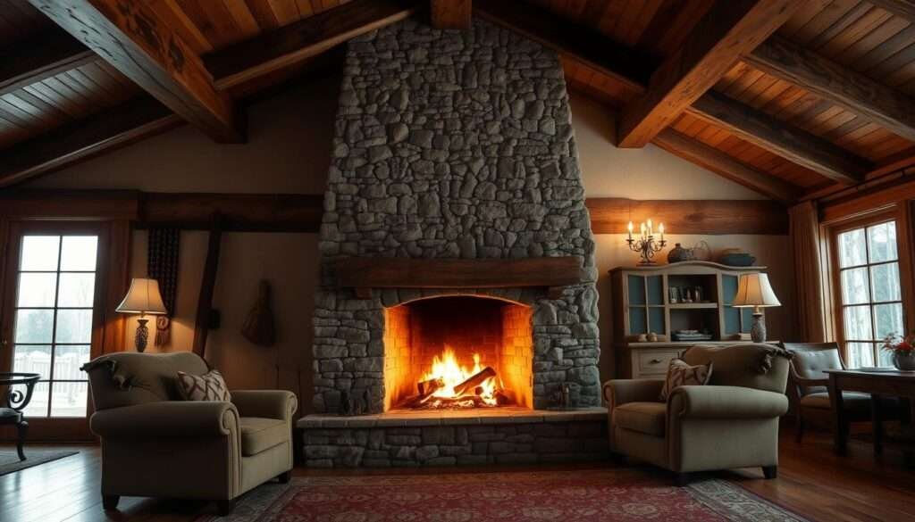 Cozy farmhouse living room with a large stone hearth, illuminated by the warm glow of a crackling fire. Rustic wood beams and ceiling panels create a sense of timeless character, while natural textures like exposed stone and weathered wood planks add warmth and depth. Soft, ambient lighting casts a gentle, inviting atmosphere, drawing the viewer into the serene, intimate space. A pair of overstuffed armchairs sit nearby, inviting you to sink in and bask in the tranquil ambiance. The overall scene evokes a sense of comfort, tradition, and enduring charm.