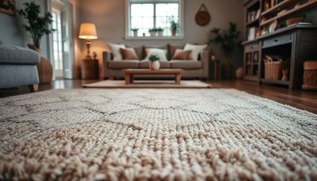 Cozy farmhouse living room with a layered arrangement of plush area rugs in warm, earthy tones. The foreground features a large, textured rug with subtle patterns, complemented by smaller accent rugs in the middle ground. Soft, diffused lighting creates a inviting, intimate atmosphere, accentuating the natural fibers and rich colors of the textiles. The rugs are seamlessly integrated with the room's other rustic decor elements, evoking a sense of relaxed, lived-in comfort. The overall scene exudes a welcoming, hygge-inspired vibe that perfectly encapsulates the "Cozy Layering Formula" for a charming farmhouse living space.