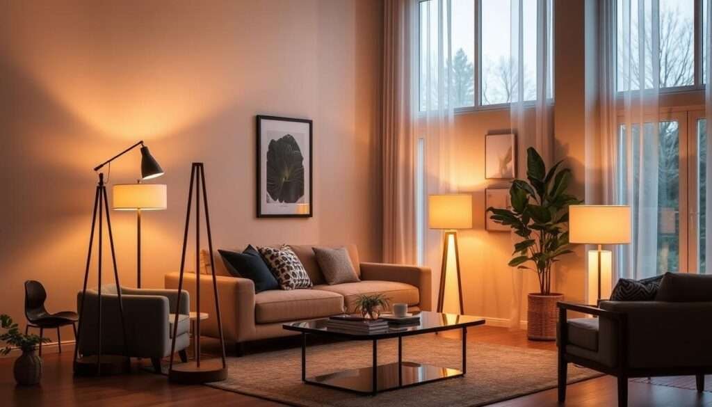 Cozy floor lamps with warm, inviting ambiance, standing tall and proud in a meticulously styled living room. Elegant, mid-century inspired designs with sleek, minimalist silhouettes, casting a gentle, diffused glow throughout the space. Lamps with adjustable brightness and color temperature, allowing for precise control over the room's mood and atmosphere. Carefully positioned to highlight key furniture pieces and architectural elements, creating a harmonious, cohesive aesthetic. Soft, natural lighting filters in through large windows, complementing the lamps' radiance. An intimate, welcoming scene that captivates the senses and sparks a sense of tranquility.