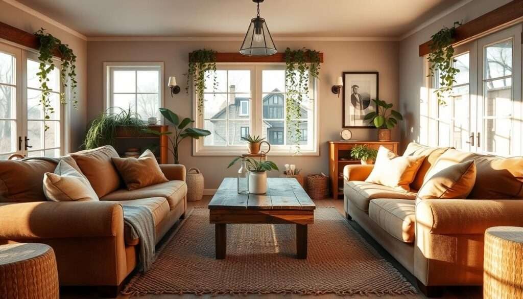 Cozy living room with warm, earthy tones. Soft, natural lighting filters through large windows, casting a gentle glow on plush, textured furnishings. A weathered wooden coffee table sits atop a thick, handwoven rug, surrounded by a pair of overstuffed sofas and armchairs upholstered in rich, muted hues. Trailing plants cascade from shelves, adding pops of verdant greenery. The space exudes a sense of hygge, inviting relaxation and comfort. Soft, ambient lighting from sconces and a central pendant fixture creates a welcoming, intimate atmosphere.