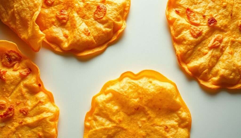 Crisp, golden-brown tortilla shells, freshly fried to a delicate crunch, fill the frame with a warm, inviting glow. The shells are arranged in a visually appealing manner, casting soft shadows on a clean, neutral background that emphasizes their shape and texture. The lighting is natural and diffused, creating a soft, appetizing atmosphere that complements the tortilla's rustic, homemade appearance. The angle is slightly elevated, providing a clear, unobstructed view of the tortilla shells, ready to be filled with the sweet and creamy strawberry crunch cheesecake.