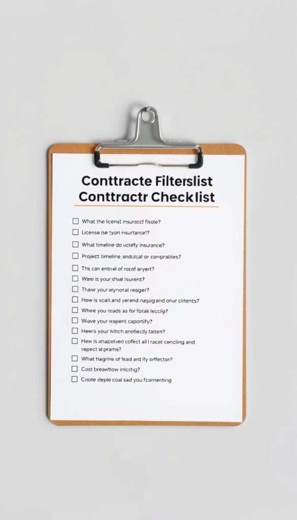 Crisp, well-lit image of a contractor vetting checklist, with key questions neatly organized on a clipboard against a neutral background. The checklist is presented in a professional, easy-to-read layout, with clearly defined sections covering essential criteria such as licenses, insurance, references, project timeline, and cost breakdown. The overall mood is one of efficiency and attention to detail, conveying the importance of thoroughly vetting a contractor before committing to a kitchen renovation project.