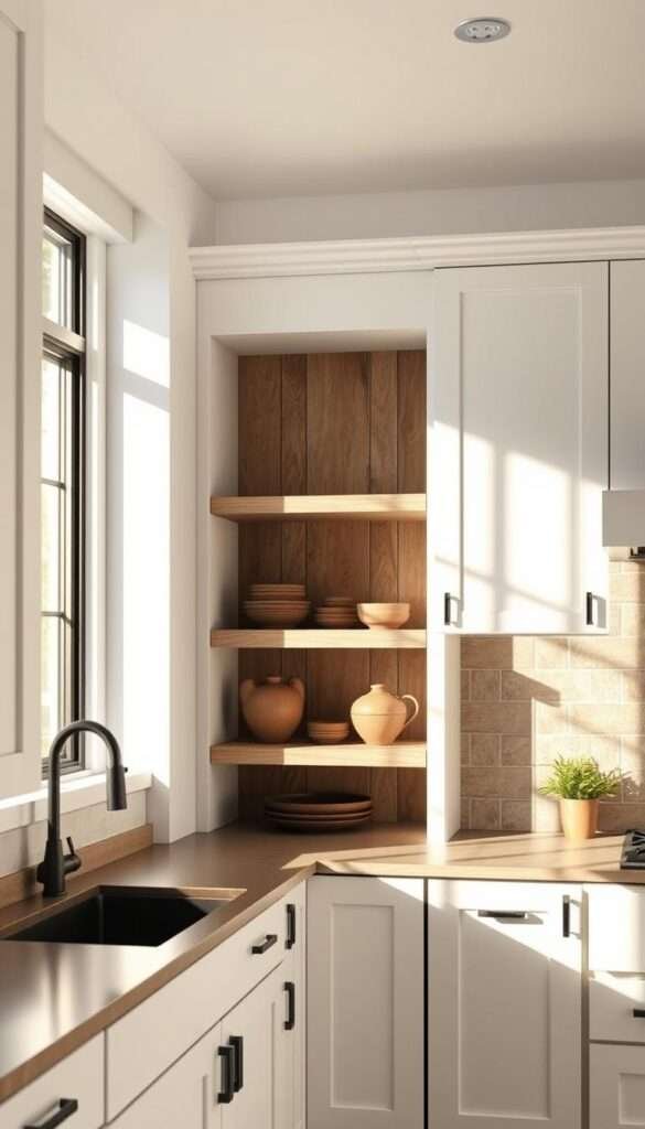 Crisp white shaker-style cabinets with matte black hardware, accenting a weathered wood open shelving unit in a bright, airy kitchen. Soft natural light filters through large windows, casting warm shadows across the rustic wood planks. The kitchen has a modern farmhouse aesthetic, blending clean lines with organic textures. The cabinets and shelves create a balanced, symmetrical composition, with hints of greenery and earthenware accents on the shelves. An atmospheric, serene scene that reflects the section's title "White Cabinets Meet Matte Black Accents".