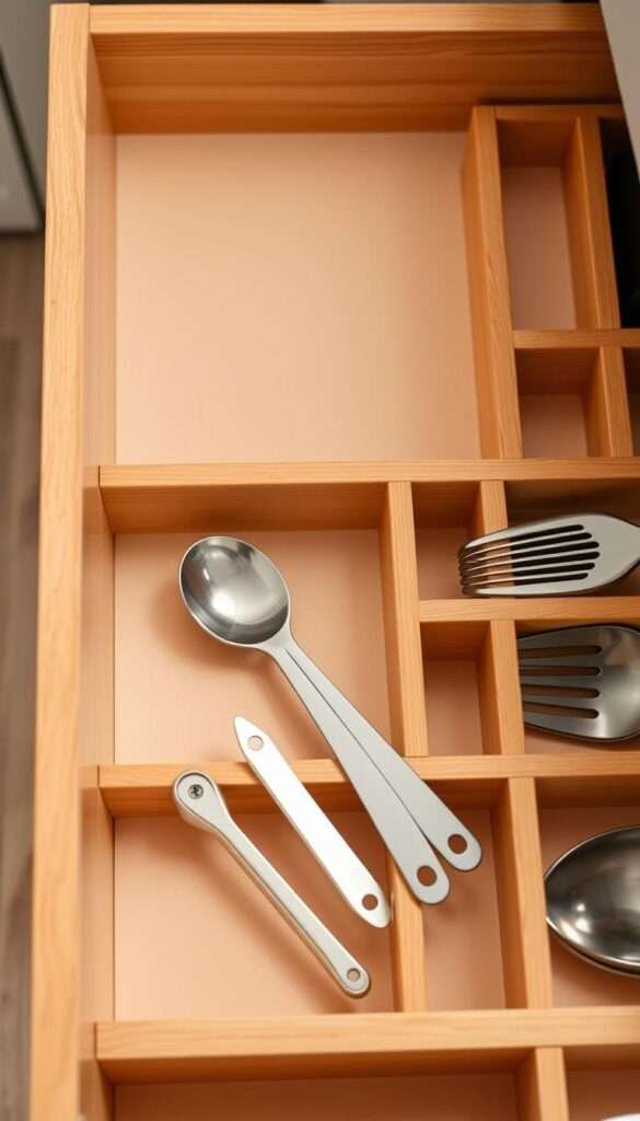 Customized utensil drawer with a designated slot for a measuring spoon, arranged in a clean, minimalist layout. The drawer features sturdy, modular dividers in a warm wood tone, allowing for effortless organization of cooking tools. Soft, even lighting illuminates the contents, showcasing the practical yet visually appealing design. The camera angle captures a three-quarter view, highlighting the drawer's depth and the carefully curated selection of utensils. An atmosphere of efficiency and kitchen mastery pervades the scene, inviting the viewer to envision their own streamlined cooking experience.