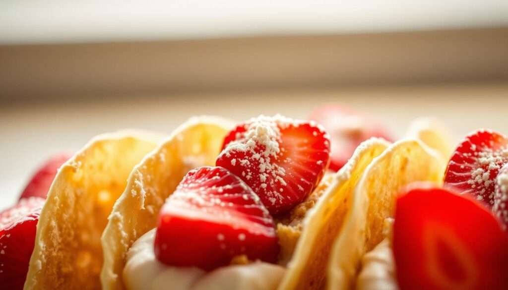 Delicate strawberry-topped cheesecake nestled in crisp taco shells, bathed in soft, warm lighting. The creamy filling is flecked with graham cracker crumbs, creating a perfect contrast of textures. Vibrant red strawberry slices are artfully arranged, drawing the eye to the decadent treat. A light dusting of powdered sugar adds a final touch of elegance. The composition is centered, allowing the cheesecake tacos to shine against a subtly blurred background, emphasizing the indulgent focus of the dish.