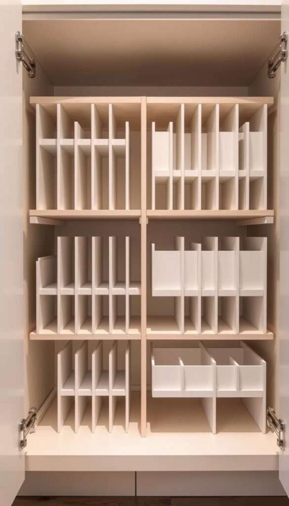 Detailed and organized cabinet interior with neatly arranged vertical dividers, creating a visually appealing and efficient storage system. Soft, diffused lighting illuminates the meticulously organized shelves, highlighting the clever use of vertical space. A sense of order and practicality pervades the scene, showcasing an innovative solution for maximizing storage in a compact kitchen environment. The image should convey a clean, minimalist aesthetic that complements the "Optimize Cabinet Interiors for Hidden Storage" section of the article.