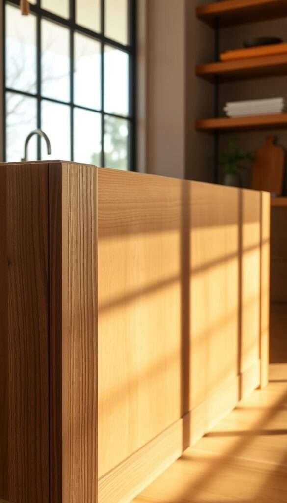 Detailed close-up shot of a beautifully crafted dovetail-jointed island base, showcasing the organic and exposed joinery. Illuminated by warm, natural lighting from a large window, casting soft shadows that accentuate the intricate woodwork. The base is constructed from light-colored, textured hardwood, with a smooth, matte finish. The dovetail joints are precisely fitted, creating a visually striking and structurally robust design. The overall composition emphasizes the Bauhaus-inspired minimalist aesthetic, with clean lines and a focus on the materiality and craftsmanship. The scene conveys a sense of timeless elegance and functionality, perfect for a contemporary kitchen setting.