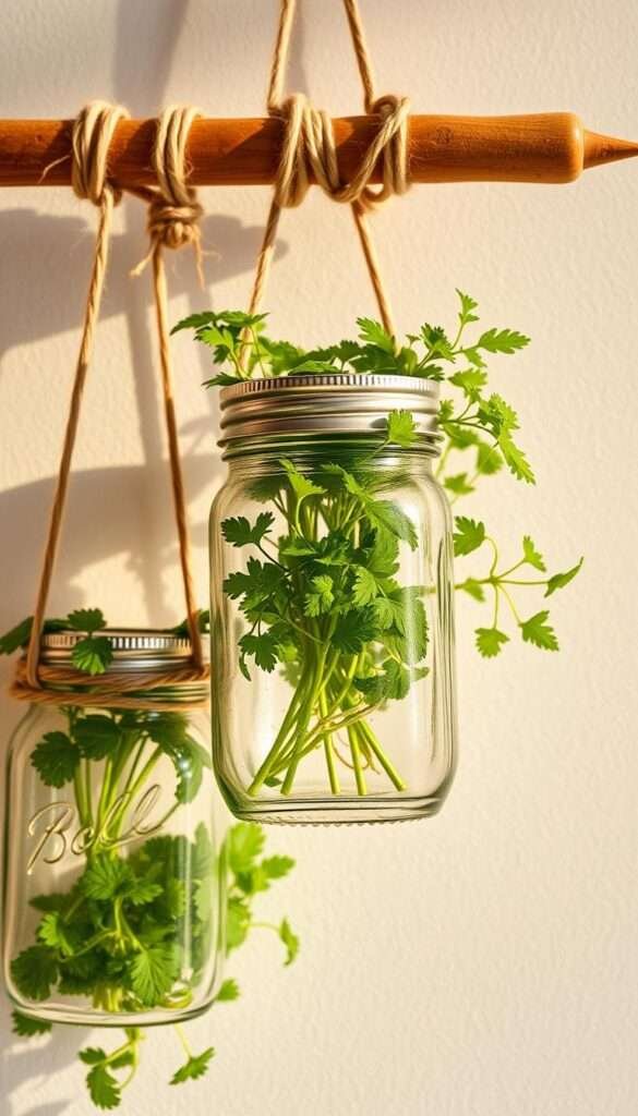 Detailed close-up shot of three vintage mason jars, transformed into rustic hanging herb planters. The jars are suspended from a wooden dowel, wrapped in natural twine with delicate knots. Lush, vibrant greenery spills out of the jars, casting soft shadows on a light, textured background. Warm, natural lighting illuminates the scene, highlighting the earthy tones and organic materials. The overall composition emphasizes the handmade, DIY aesthetic, perfect for a small kitchen space.