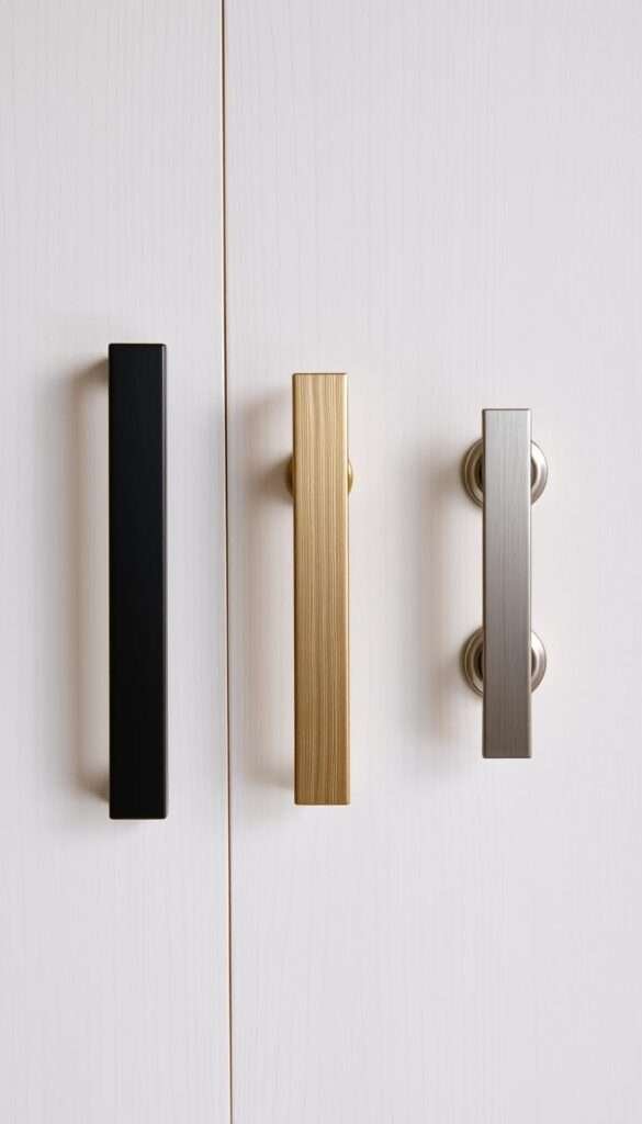 Detailed comparison of matte black, brushed brass, and polished nickel cabinet pulls arranged neatly on a pale wooden surface. The pulls are photographed from above, with even studio lighting highlighting their distinct textures and finishes. The composition is clean and minimalist, allowing the hardware to be the sole focus. The overall mood is one of refined, modern elegance - perfect for showcasing how updated fixtures can elevate a kitchen's aesthetic without a full renovation.