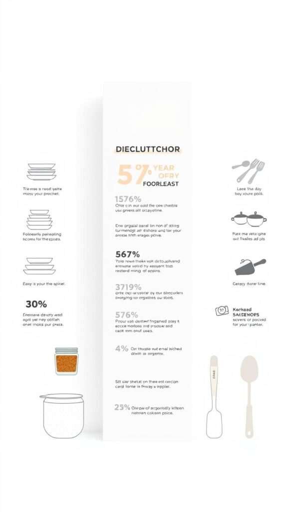 Elegant infographic on a crisp white background, showcasing the benefits of decluttering a kitchen through clean, minimalist typography and simple icons. Foreground features a central column with eye-catching statistics displayed in a modern, easy-to-digest format. Surrounding this are subtle graphic elements such as neatly stacked dishes, organized spice jars, and streamlined kitchen utensils. The middle ground features a soft, diffused light source casting a gentle glow, creating a sense of clarity and focus. The background is a tranquil, neutral palette allowing the information to take center stage. The overall mood is one of organization, efficiency, and a renewed sense of calm in the kitchen space.