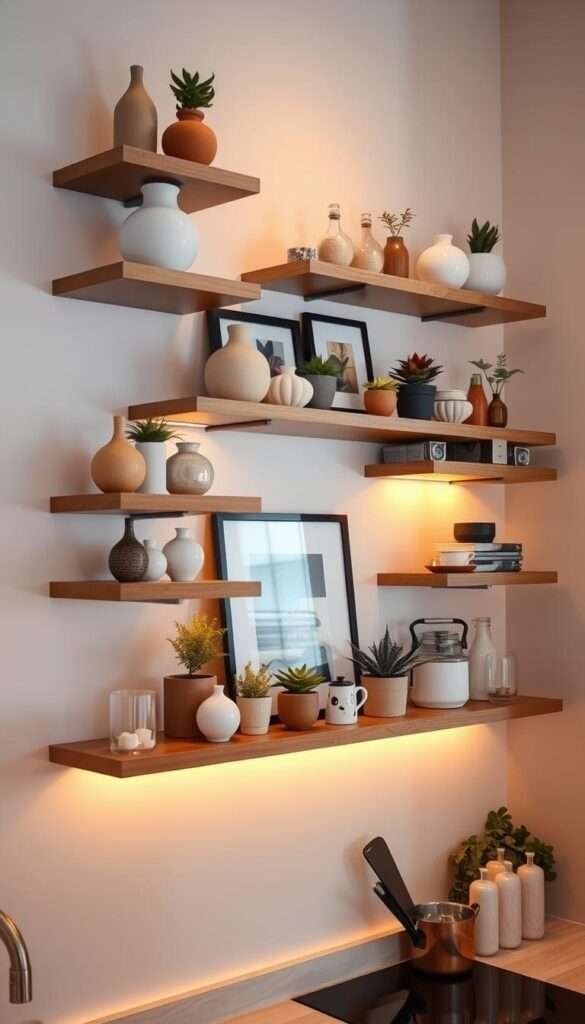 Floating kitchen shelves adorned with a variety of decorative objects and functional items. The shelves are mounted on the wall, suspended in mid-air, creating an airy and visually appealing display. An assortment of ceramic vases, potted plants, framed artwork, and neatly organized kitchen essentials create a harmonious blend of form and function. The lighting is warm and gentle, casting a soft glow over the shelves and highlighting the textures and colors of the displayed items. The angle of the camera captures the shelves at an eye-level perspective, allowing the viewer to appreciate the carefully curated arrangement. The overall mood is one of coziness, elegance, and a touch of whimsy, perfectly complementing the "Inviting Small Kitchen" theme.