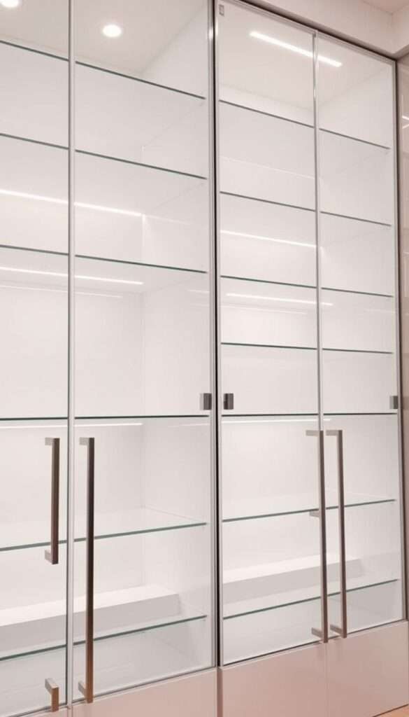 Floor-to-ceiling glass cabinets with bright, warm interior lighting casting a soft glow. The cabinets are made of clear, tempered glass panels, showcasing the contents within. Crisp, white shelves fill the interior, creating a modern, minimalist look. Sleek, brushed metal hardware accents the cabinets, adding a touch of sophistication. The cabinets occupy the full height of the wall, maximizing vertical storage space in a compact kitchen. The lighting is carefully positioned to illuminate each shelf, highlighting the contents and creating an inviting, cozy atmosphere.