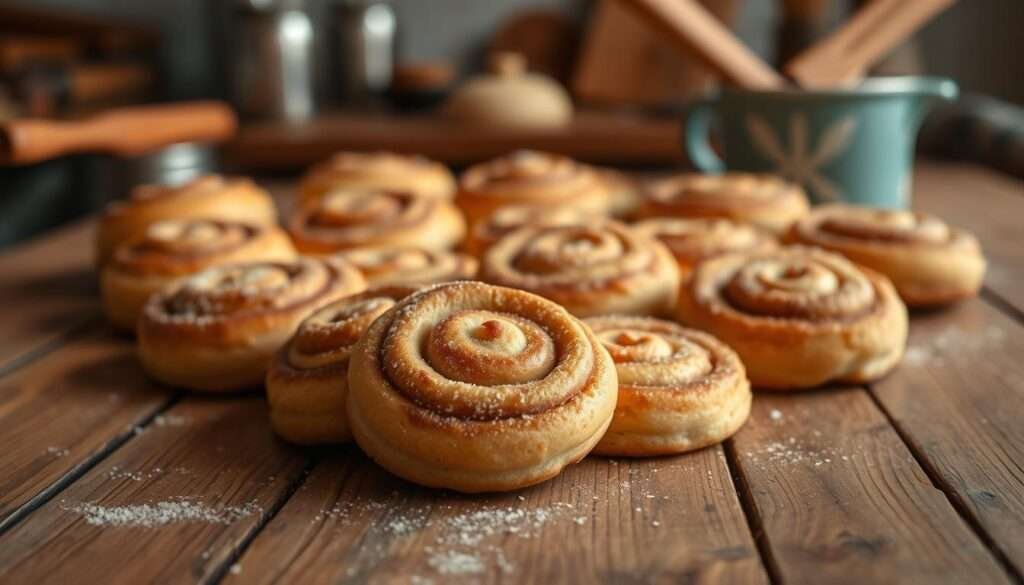 Freshly baked cinnamon roll cookies, their golden-brown tops dusted with a light coating of cinnamon sugar, sit atop a rustic wooden table. The aroma of warm spices and buttery dough fills the cozy, softly lit kitchen, drawing you in with the promise of comforting indulgence. The cookies are arranged in an inviting manner, their swirled centers peeking out enticingly. A shallow depth of field keeps the foreground cookies in sharp focus, while the background fades into a gentle blur, emphasizing the delectable treats at the center of attention. This serene, hygge-inspired scene captures the essence of a cozy day spent baking and savoring the simple pleasures of life.