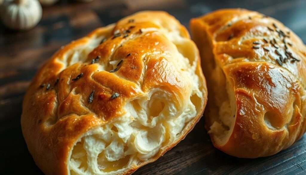 Freshly baked garlic bread, golden-brown and glistening, sits invitingly on a rustic wooden table. The aroma of roasted garlic and melted butter fills the air, creating a cozy and appetizing atmosphere. Thin slices reveal the soft, fluffy interior of the bread, contrasted by a crisp, buttery crust. Subtle shadows cast by the lighting accentuate the bread's texture, giving it a natural, homemade appearance. The image is captured with a shallow depth of field, keeping the garlic bread in sharp focus while the background remains softly blurred, emphasizing the star of the scene.