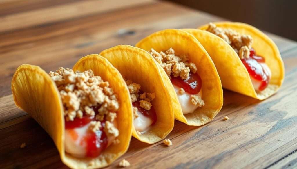 Freshly baked golden taco shells cradle a generous layer of luscious homemade strawberry cheesecake, topped with a sprinkle of crunchy graham cracker crumbs. The dessert tacos are set against a backdrop of a rustic wooden table, with warm lighting creating a cozy, inviting atmosphere. The scene exudes a sense of indulgence and comfort, perfectly capturing the essence of the "Sweet, crunchy, and creamy—my story behind this dessert taco" section.