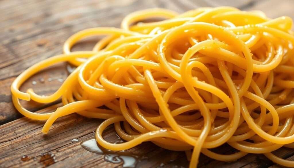 Freshly cooked spaghetti noodles, glistening with a light coating of olive oil, artfully arranged on a rustic wooden table. The strands twist and turn, creating a visually appealing, textural display. Bright yellow and orange highlights dance across the noodles, hinting at the warmth and spice of the dish. Soft, diffused lighting casts gentle shadows, emphasizing the depth and volume of the spaghetti. The overall scene evokes a sense of homemade, comforting Italian cuisine, ready to be enjoyed.