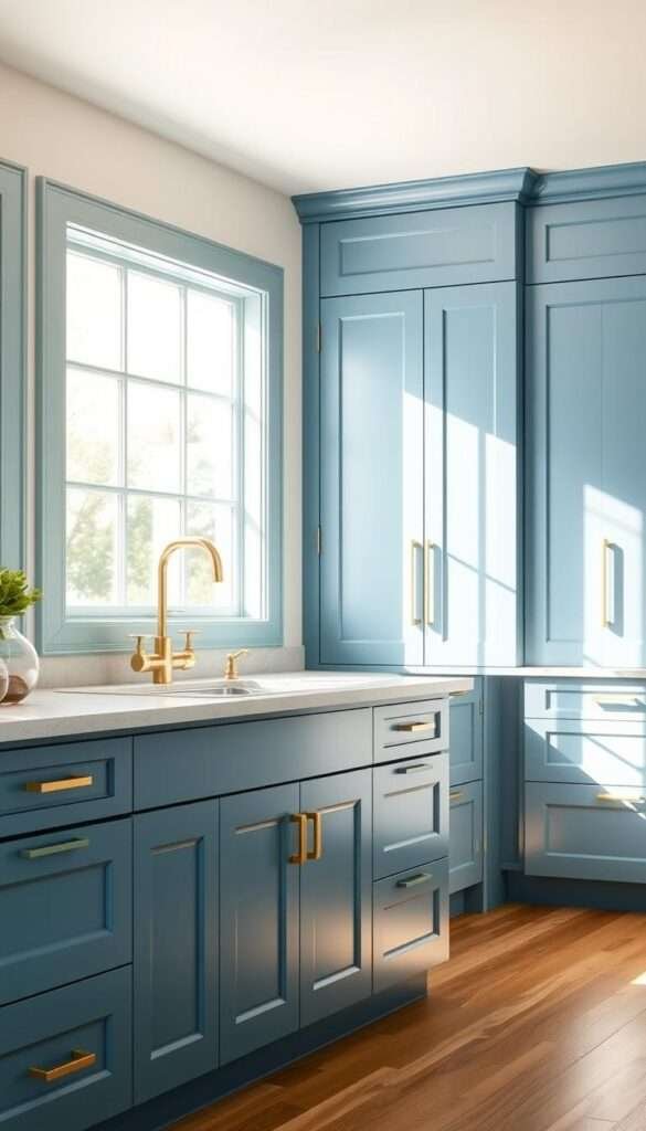 Freshly painted matte blue kitchen cabinets with sleek brass hardware in a well-lit, airy kitchen. The cabinets have a smooth, even finish, reflecting the warm glow of the natural light streaming through large windows. The brass handles and hinges gleam against the cool blue tones, creating a harmonious contrast. The kitchen has a minimalist, modern design with clean lines and a sense of timeless elegance. The image captures the essence of a simple yet sophisticated cabinet refresh that breathes new life into the space, perfectly aligning with the "Refresh Cabinets with a Coat of Paint" section of the article.