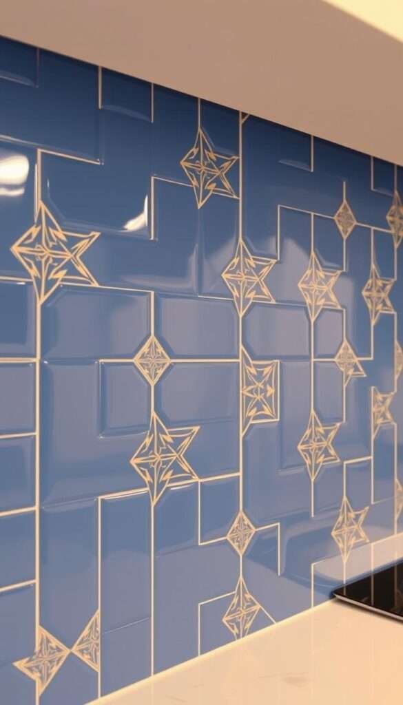 Geometric blue tile backsplash with intricate gold accent patterns. Warm, evenly-lit kitchen interior with a clean, modern aesthetic. Sleek, minimalist design with smooth, glossy tiles arranged in a repeating angular layout. Subtle shadows and highlights accentuate the three-dimensional texture. The gold detailing adds a luxurious, eye-catching flair against the cool blue tones. Crisp, high-resolution image captured at a close, detailed angle to showcase the backsplash's striking visual interest and design elements.