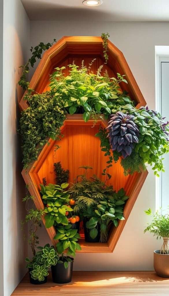 Hexagonal corner shelves with an abundance of lush, vibrant herbs adorning the shelves. The shelves are made of warm, rustic wood, casting a soft glow under the gentle overhead lighting. The herbs, in a variety of greens, purples, and pops of color, spill over the edges, creating a natural, cascading effect. The shelves are positioned in a cozy corner of a modern, minimalist kitchen, bathed in soft, diffused natural light from a nearby window. The overall atmosphere is one of serenity, organization, and the comforting presence of fresh, homegrown ingredients within easy reach.