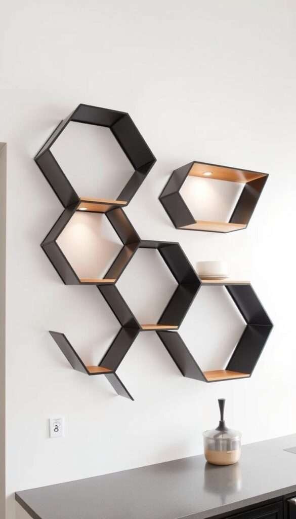Hexagonal open shelving, its modular frame crafted from sleek metal in a matte black finish, mounted at a slight angle on a pristine white wall. The shelves themselves are made of warm, natural wood, each one a pentagon that invites access from multiple directions. Soft, diffused lighting from discreet sconces casts a gentle glow, highlighting the clean lines and inviting texture of the shelving system. The entire arrangement conveys a sense of minimalist sophistication, perfect for showcasing a carefully curated collection of kitchen essentials or decorative objects.