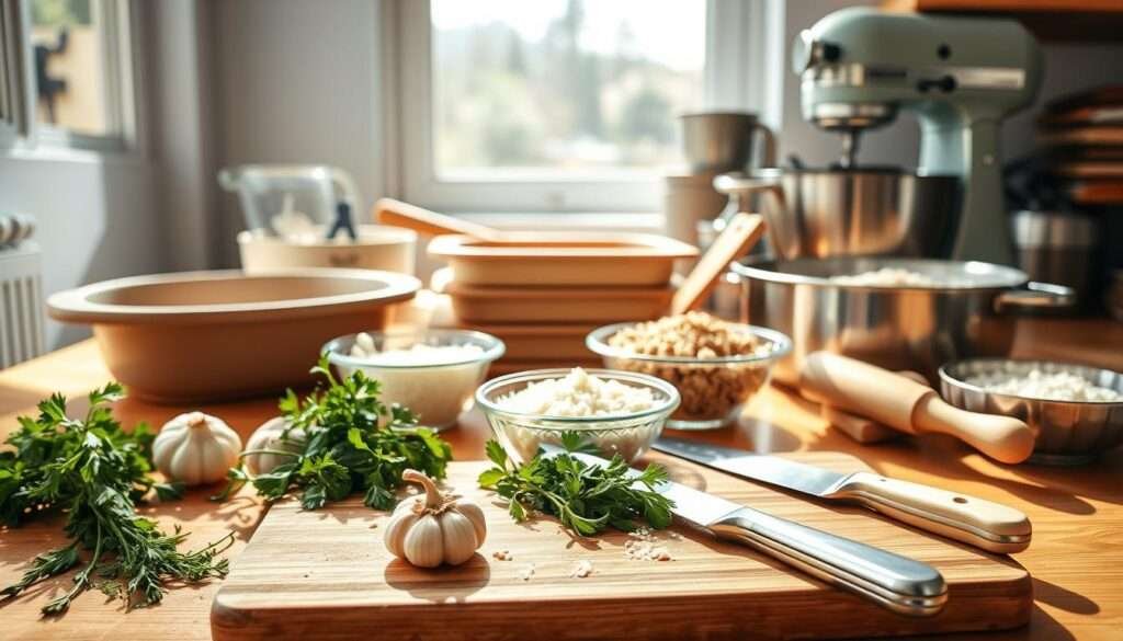 High-resolution image of a neatly arranged composition of kitchen tools and ingredients for baking chicken parmesan. Bright natural lighting from a large window, creating crisp shadows and highlights. Foreground features a cutting board with fresh herbs, garlic, and a chef's knife. In the middle ground, various baking dishes, a rolling pin, and a bowl of breadcrumbs. Background showcases a stand mixer, a sieve, and a stack of measuring cups and spoons. Warm, inviting color palette with earthy tones complementing the rustic, homemade aesthetic. Slight shallow depth of field to focus attention on the preparation elements. Overall, a visually appealing and appetizing scene conveying the idea of thoughtful culinary preparation.