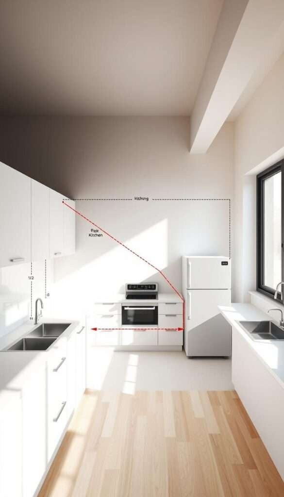Highly detailed and technically accurate diagram of an efficient kitchen work triangle layout designed for small spaces. Precise architectural rendering with clean lines, minimalist aesthetic, and neutral color palette. Includes labeled zones for sink, stove, and refrigerator positioned in an ergonomic triangle formation to optimize workflow. Bright, natural lighting illuminates the space, creating a sense of openness and airiness. Crisp, high-resolution image captured at eye-level from an oblique angle to showcase the intelligent design and spatial organization. The diagram conveys a practical, functional, and visually appealing solution for maximizing the utility of a compact kitchen.