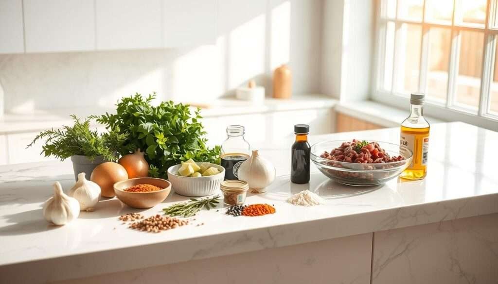 Ingredients list displayed on an elegant white countertop, bathed in warm, natural light from a large window. Meticulously arranged spices, herbs, and fresh produce including garlic, onion, ground beef, soy sauce, and sesame oil. Thoughtfully positioned to create an appealing, organized composition. Soft shadows and highlights add depth and dimension. A clean, minimalist aesthetic with a focus on the essential elements needed for a delicious Korean Ground Beef Bowl.