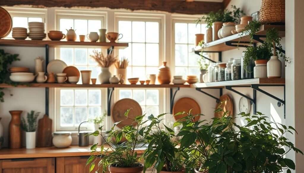 Kitchen open shelving boho: a cozy, sun-drenched display of earthy ceramics, natural woven baskets, and lush greenery. Rustic wood shelves stretching across the frame, adorned with a curated collection of eclectic treasures - vintage plates, handmade mugs, and jars filled with dried herbs. Soft, diffused lighting filters through large windows, casting a warm glow over the scene. In the foreground, a mix of potted plants cascade gracefully, their leaves casting delicate shadows. The overall atmosphere is one of relaxed, lived-in charm - a harmonious blend of textures, colors, and personal touches that invite the viewer to linger and find inspiration.