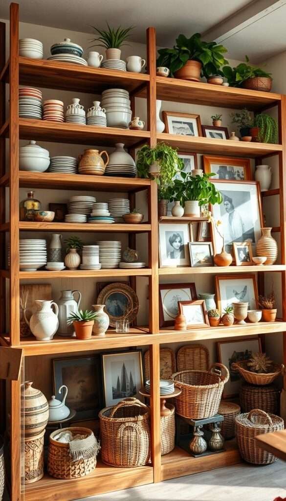 Maximalist open shelving unit filled with a diverse collection of stacked ceramic dishes, decorative vases, and assorted artworks. Bright, warm lighting casts a cozy glow, accentuating the rustic wood grain and texture. Carefully curated items are arranged in a layered, asymmetrical composition, creating a lived-in, visually dynamic display. The shelves are adorned with potted plants, woven baskets, and framed prints, exuding a sense of artistic flair and personal expression. The overall atmosphere is one of eclectic, unapologetic maximalism, inviting the viewer to explore the details and discover hidden gems within the vibrant, textured scene.