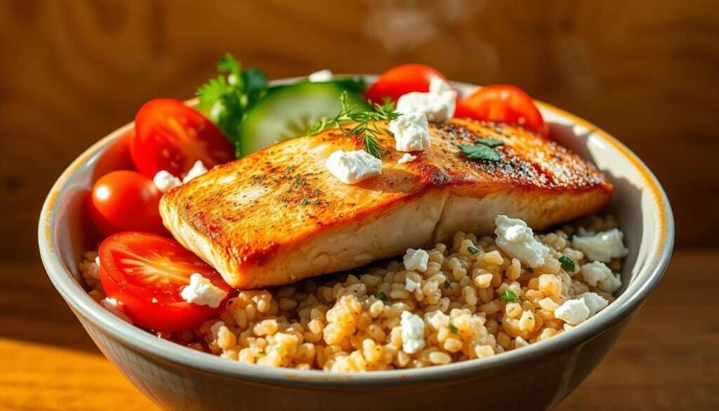 Mediterranean salmon quinoa bowl