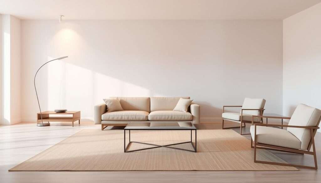Minimalist furniture selection, a serene arrangement of clean-lined pieces in a well-lit, airy space. A low-profile sofa in neutral tones, complemented by a modern armchair and a sleek, rectangular coffee table with a glass top. Warm, indirect lighting from discrete sources casts a soft glow, highlighting the natural textures and clean lines of the furniture. The overall effect is one of simplicity, elegance, and a sense of spaciousness, creating a calming, clutter-free atmosphere perfect for a minimalist living room.