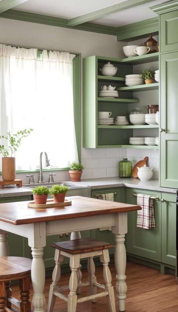 Monochrome green shelving and cabinetry in a quaint cottage kitchen, with soft natural lighting filtering through sheer curtains. The open shelves display an artful arrangement of ceramic dishes, potted herbs, and glass jars. Wooden accents, such as a distressed farmhouse table and matching stools, add warmth and texture. The overall atmosphere is one of rustic elegance, perfectly complementing the muted green tones that tie the space together. A cozy, inviting kitchen that showcases the beauty of using color-coordinated open shelving.