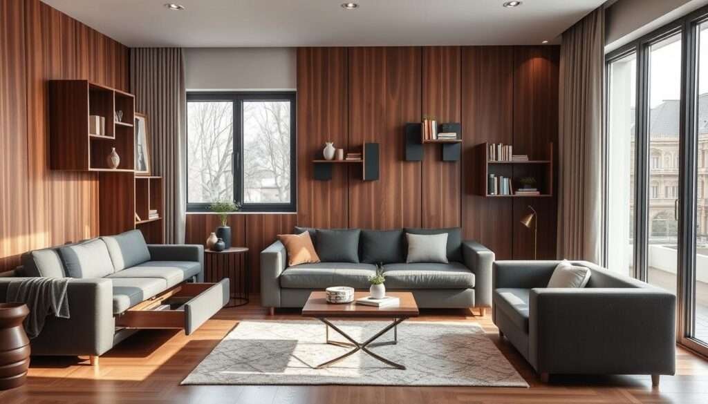 Multifunctional furniture for a small living room, showcasing a sleek and modern design. A convertible sofa with hidden storage compartments takes center stage, complemented by a transforming coffee table that doubles as a dining surface. Geometric wall shelves seamlessly blend function and aesthetics, providing ample display and organization space. Warm, natural lighting filters through large windows, creating a cozy and inviting atmosphere. The overall composition emphasizes efficient use of limited square footage, blending form and function to maximize the potential of the compact space.