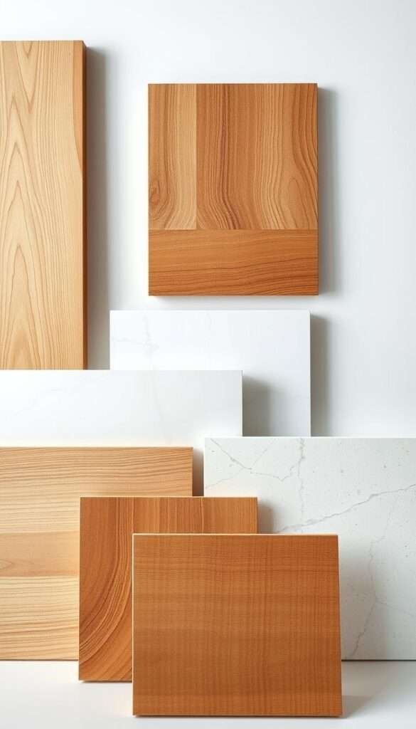 Natural wood grains, smooth quartz surfaces, and sleek stainless steel kitchen material samples arranged in a minimalist composition. Soft, diffused lighting creates a sense of tranquility, highlighting the natural textures and tones. The samples are positioned in the foreground, with a clean, neutral background that allows the materials to take center stage. The overall atmosphere evokes a serene, elegant aesthetic suitable for a modern, efficiently designed kitchen.