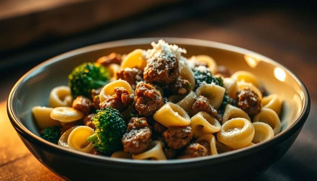 Orecchiette pasta in a shallow bowl, highlighted by warm, golden lighting. The handmade, shell-shaped pasta sits nestled among sautéed Italian sausage crumbles and vibrant green broccoli florets. The scene is captured from a low angle, emphasizing the hearty, rustic texture of the ingredients. A light dusting of grated Parmesan cheese tops the dish, adding a savory, umami note. The overall atmosphere is cozy and inviting, evoking the comforting flavors of a traditional Italian meal.