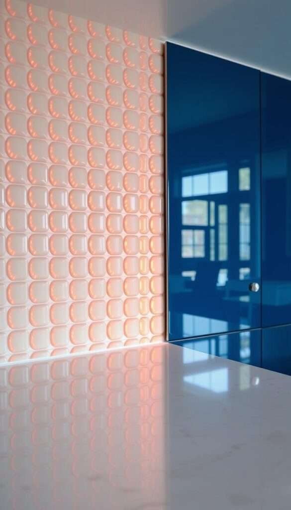 Pearlescent ivory backsplash tiles shimmer with crystalline elegance, catching the warm glow of a crimson ember against a backdrop of sleek, reflective sapphire blue panels. Soft, diffused lighting bathes the scene in a serene, atmospheric ambiance, highlighting the interplay of cool and warm tones. The high-gloss surfaces mirror the surrounding kitchen, creating a sense of depth and visual interest. Viewed through a wide-angle lens, this captivating reflective backsplash design exudes a modern, sophisticated charm that would elevate even the most compact of cooking spaces.