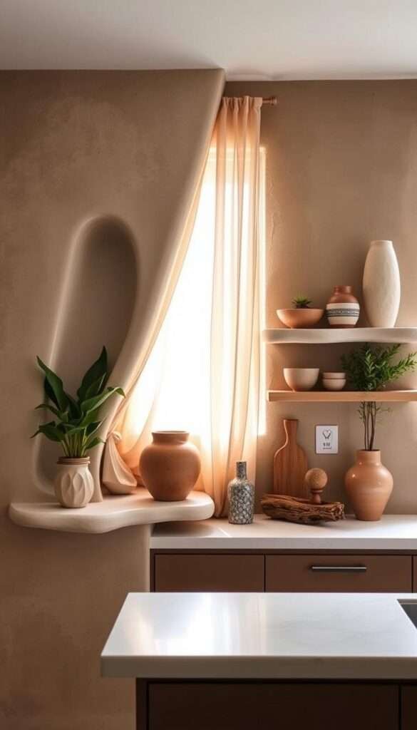 Plaster-built floating shelves blending seamlessly into warm, textured walls in a cozy boho-style kitchen. The shelves are organically shaped, their neutral tones complementing the earthy, muted palette of the room. Soft, diffused natural light filters through sheer curtains, creating a serene, inviting atmosphere. Decorative ceramic vases, potted plants, and rustic wooden accents adorn the shelves, lending a curated, lived-in feel. The overall impression is one of effortless integration, where the shelves become an extension of the architectural space.