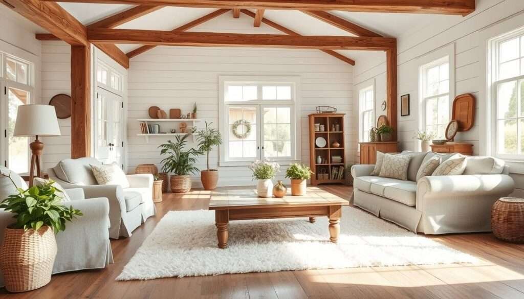 Prompt A bright and airy white farmhouse living room with rustic wood beams and shiplap walls. Soft natural light floods the space through large windows, casting a warm glow on the comfortable linen-upholstered furniture. A weathered wood coffee table sits atop a plush white area rug, surrounded by complementary armchairs and a cozy sofa. Potted greenery, woven baskets, and vintage-inspired decor elements add charming, timeless touches. The overall atmosphere is serene, inviting, and undeniably classic farmhouse chic.