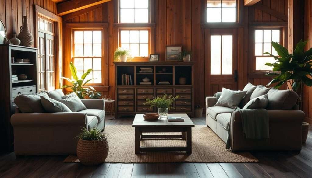 Prompt A cozy farmhouse living room with a concealed storage cabinet, illuminated by warm, natural lighting filtering through large windows. The cabinet blends seamlessly into the rustic wood paneling, its hidden compartments accessible through a discrete, push-to-open mechanism. Plush, earth-toned furniture surrounds a central coffee table, creating an inviting and clutter-free space. Lush, potted plants add pops of verdant color, complementing the overall muted palette. The room exudes a sense of intentional, minimalist design, prioritizing function and clean lines over excess.