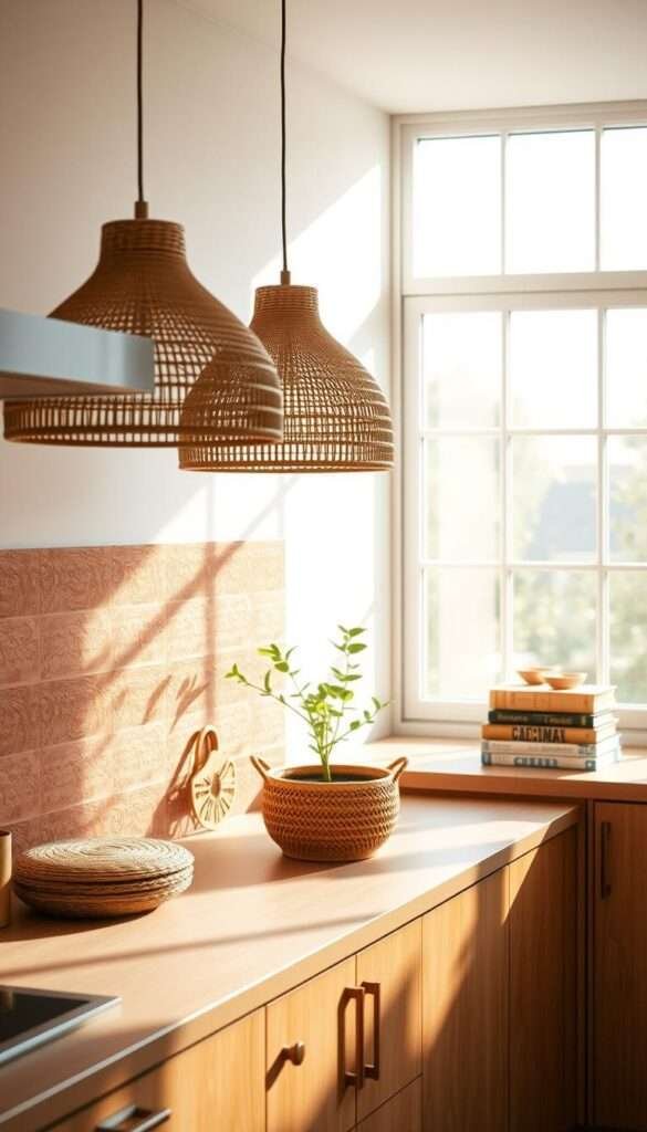 Rattan pendant lights cast a warm glow over a minimalist boho kitchen countertop, adorned with a potted plant, a woven basket, and a stack of wicker-bound books. The backsplash features textured terracotta tiles, complementing the natural wood tones of the cabinets. Gentle shadows play across the scene, creating a cozy, inviting atmosphere. A large window in the background allows soft, diffused sunlight to filter in, illuminating the space with a serene, earthy ambiance.