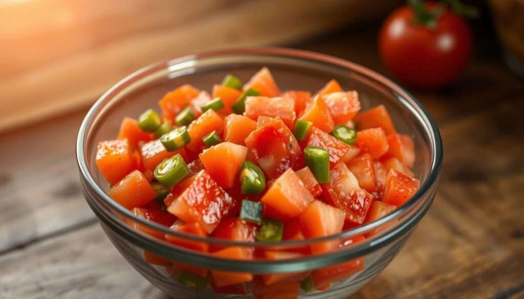 Rotel tomatoes in a glass bowl, sliced and diced, vibrant red hues with subtle hints of green chili peppers. A warm, inviting lighting casts a soft glow, highlighting the tomatoes' natural juiciness and texture. The bowl is positioned on a rustic wooden surface, creating a cozy, homemade atmosphere. The camera angle is slightly elevated, providing a clean, uncluttered view of the ingredients, ready to be added to a savory, cheesy pasta bake.