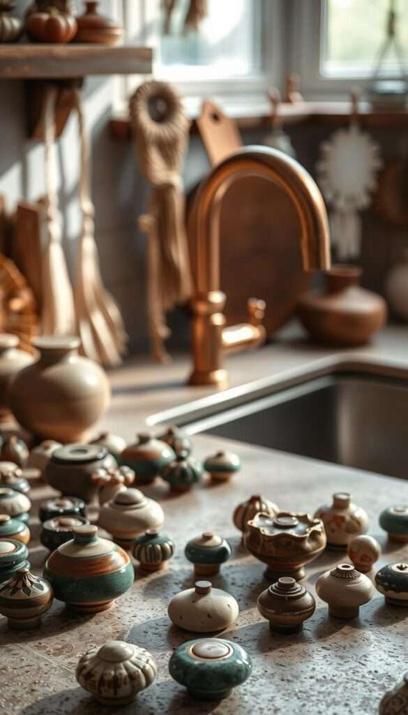Rustic boho kitchen countertop with an assortment of handcrafted ceramic knobs, copper faucet, and artisanal accents. Soft natural lighting illuminates the textured surfaces, highlighting the organic materials and earthy tones. In the foreground, an array of unique knobs in varying shapes, sizes, and glazes are displayed, complementing the muted color palette. In the middle ground, a beautiful faucet with a warm copper finish stands out against the neutral backdrop. The background features a selection of handmade ceramic and macrame decor, adding layers of visual interest and a cozy, inviting ambiance.