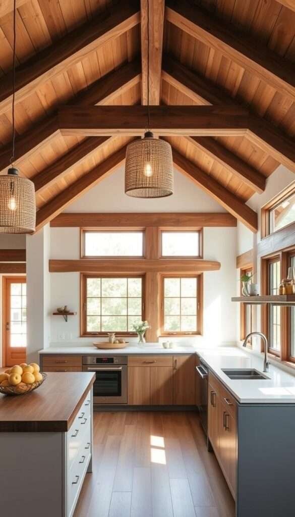 Rustic-modern kitchen with hand-hewn oak beams supporting a vaulted ceiling. Warm, soft lighting from woven pendant lamps casts a cozy glow on the exposed wood grain. Streamlined kitchen cabinets and appliances create a minimalist backdrop, allowing the architectural details to take center stage. Sunlight filters in from large windows, blending the indoor and outdoor spaces. An overall atmosphere of natural elegance and refined simplicity.