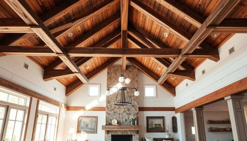 Rustic wood beams, weathered and worn, spanning an airy, sun-drenched living room. Delicate shafts of natural light filter through expansive windows, casting a warm, inviting glow across the reclaimed shiplap walls. Distressed barnwood accents complement the architectural bones, evoking a sense of timeless farmhouse charm. A wide-angle lens captures the space in its entirety, showcasing the harmonious blend of classic and contemporary elements. Soft shadows and subtle highlights add depth and texture, creating an atmosphere of cozy, refined elegance.